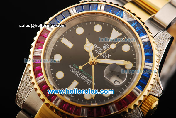 Rolex GMT Master II Swiss ETA 2836 Automatic Movement Black Dial with Diamond Bezel and Two Tone Strap - Click Image to Close